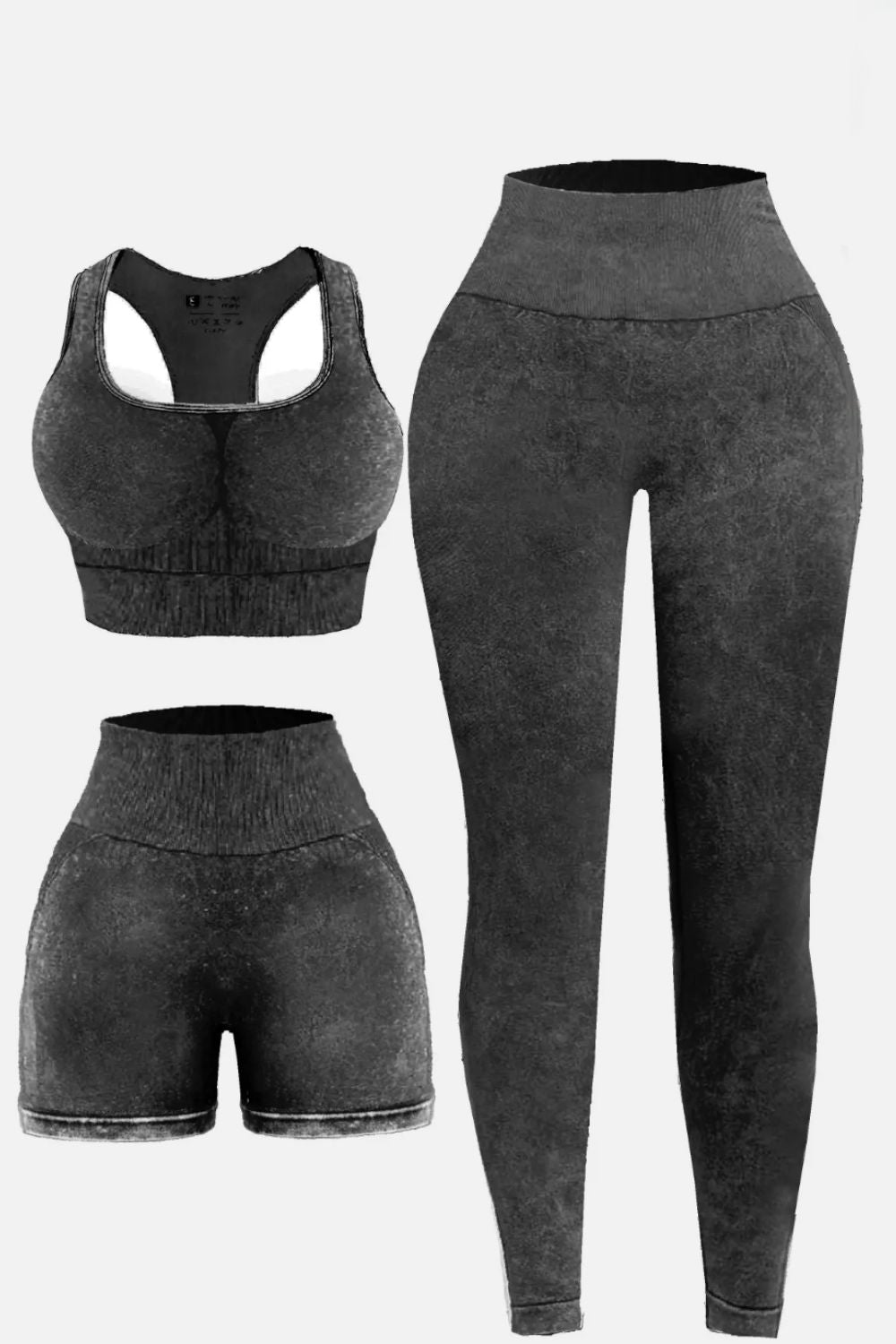 3 Piece Washed Square Neck Wide Strap Active Set Leggings Sports bra and Shorts