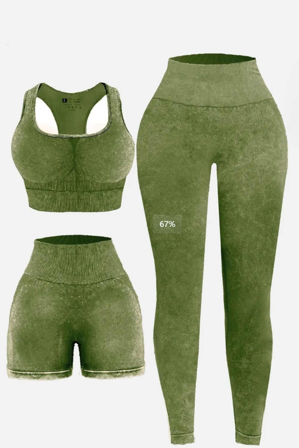 3 Piece Washed Square Neck Wide Strap Active Set Leggings Sports bra and Shorts