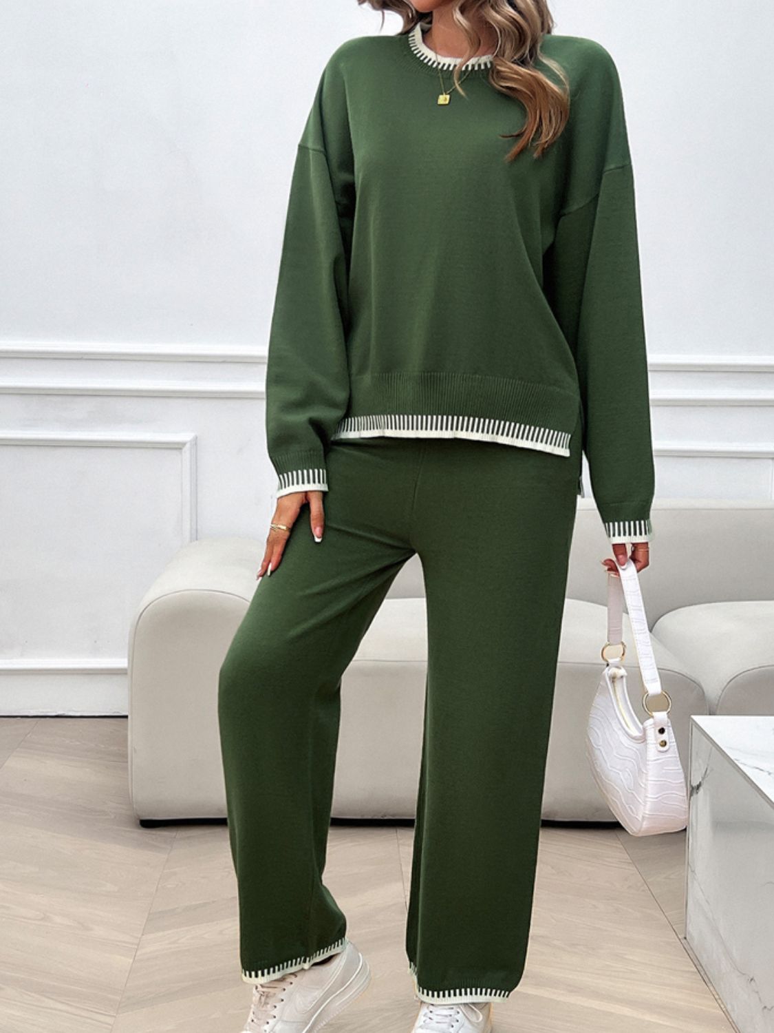 Round Neck Dropped Shoulder Top and Pants Sweater Set